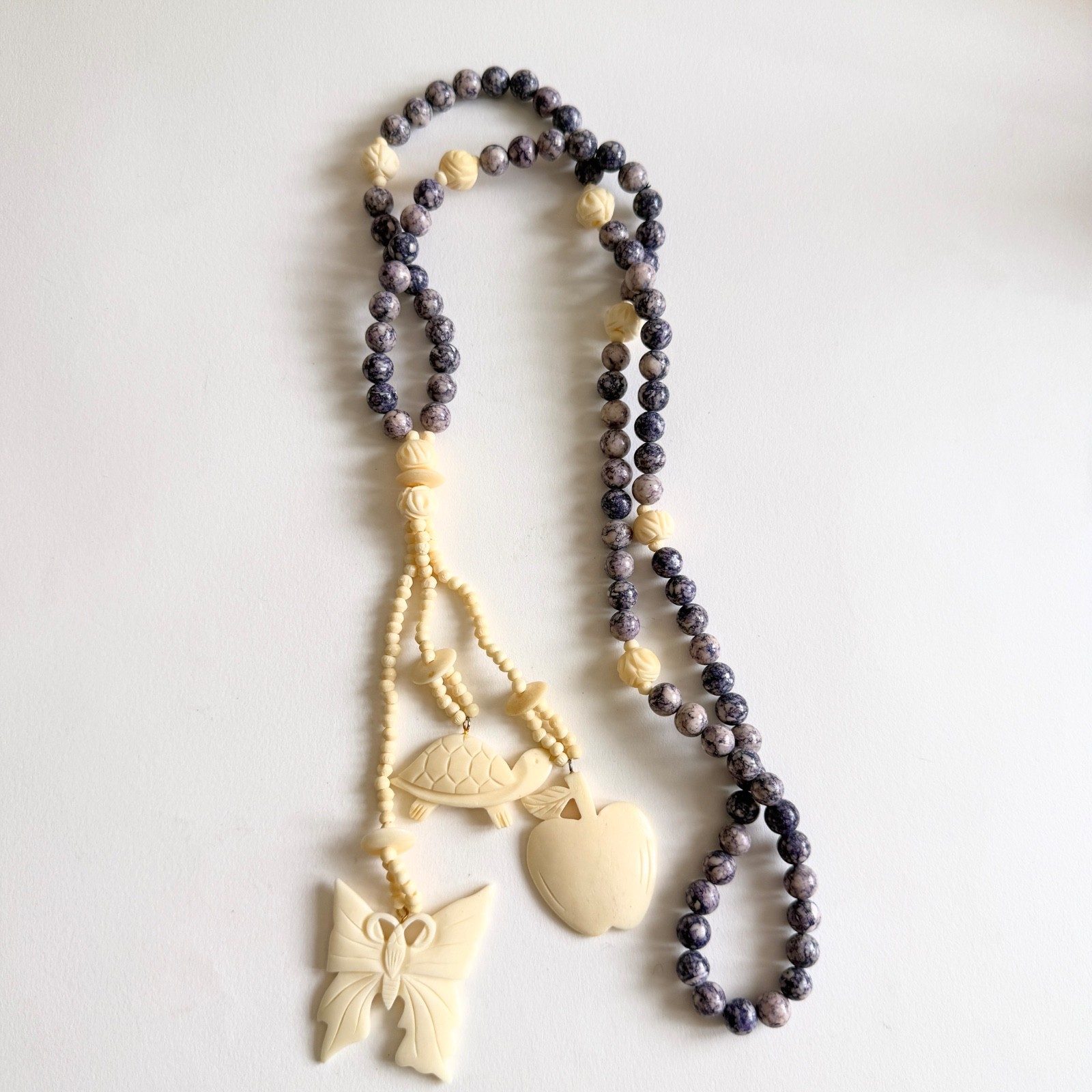 Vintage Fetish Carved Bone Purple Stone Lariat Necklace Butterfly Turtle Apple
