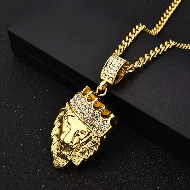 Icy King Crown Lion Head Cubic Zirconia Pendant 24″ Cuban Chain Hip Hop Necklace