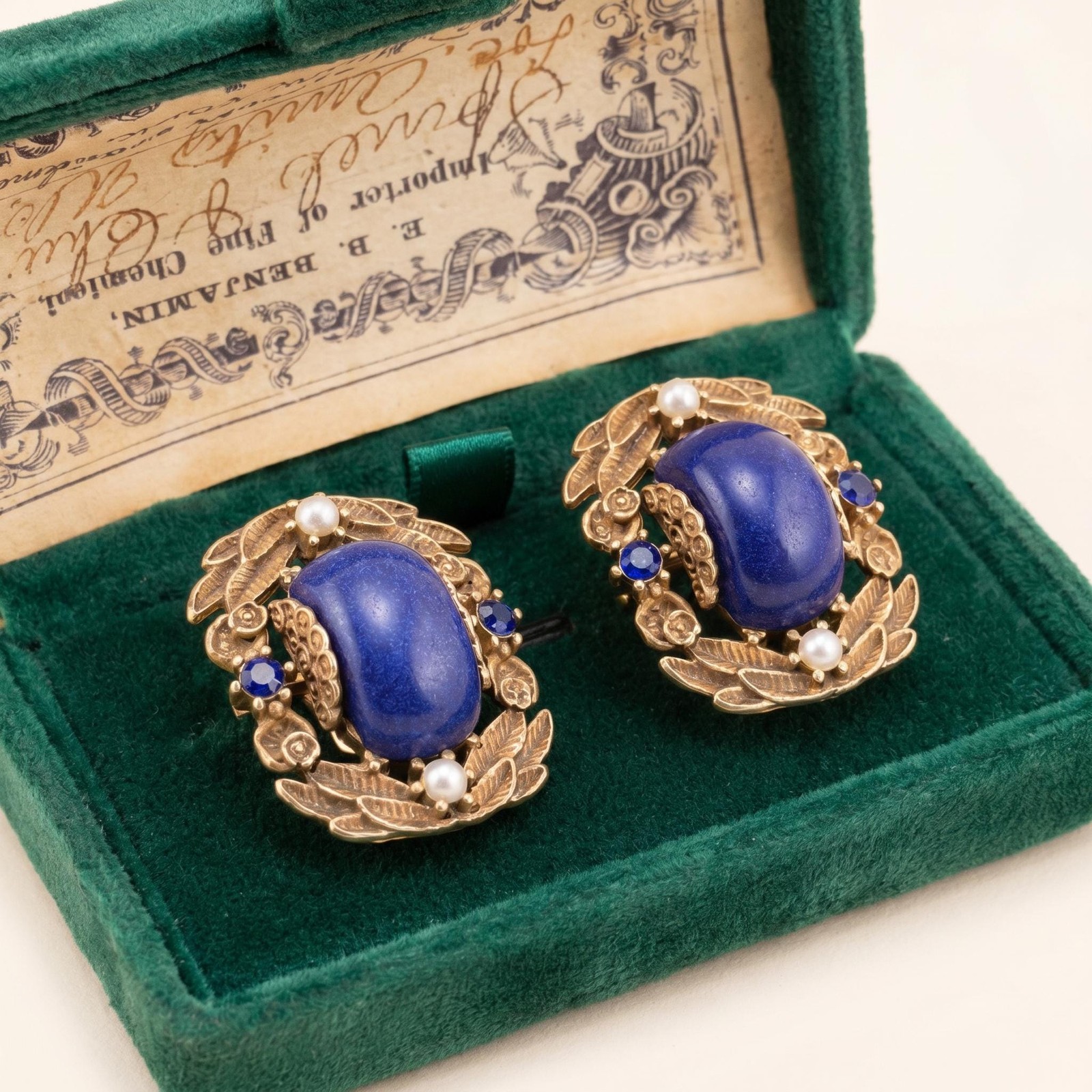 Vintage Antique Gold Blue Oval Stone Stud Earrings Leaf Filigree Pearl Crystal