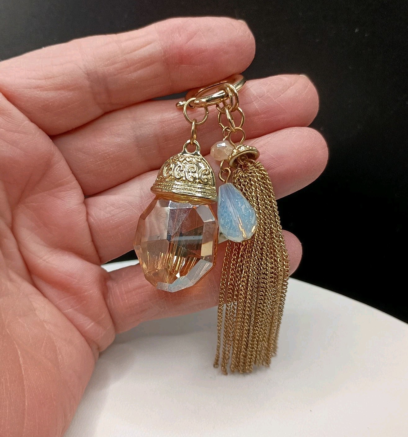 Vintage Beaded Necklace Tassel Opalite & Crystal Charm Pendant Sparkle Long 39″