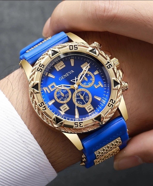 Geneva Men’s Quartz Analog Chronograph Watch Black Silicone Band Black/Gold Dial