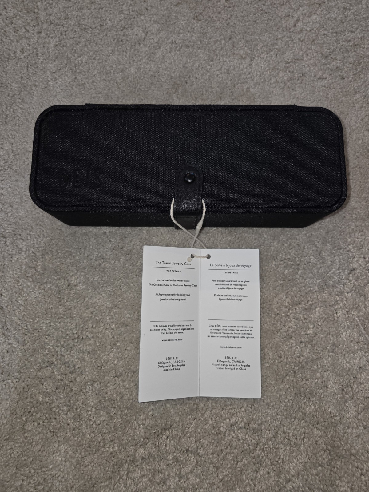 BEIS Black Faux Leather Travel Jewelry Case w/ Mirror, Lined Organizer