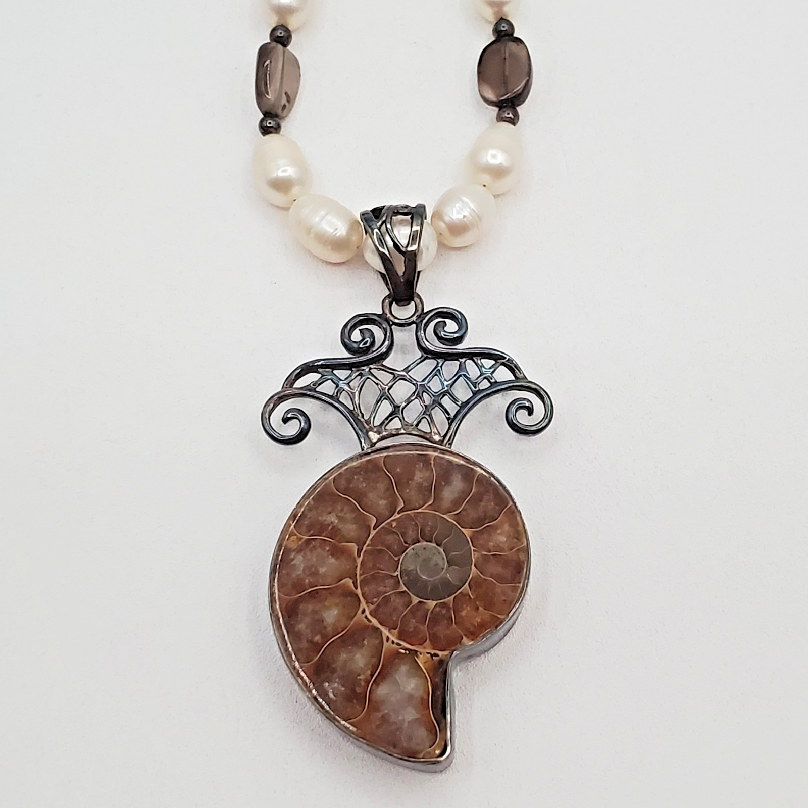 VTG 925 Ammonite Fossil Pendant Pearl Glass 16in Necklace Sterling Silver 40gtw
