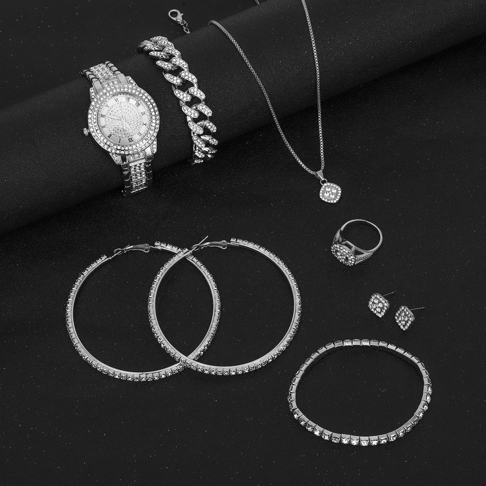 NEWITIN 13 Pieces Silver Jewelry Set for Women Stainless Steel Cuban Link Nec…