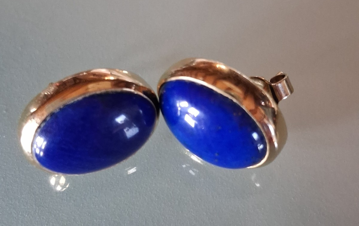 Lapis Lazuli Gold 585 Stud Earrings – Royal Blue AAA – Vintage ~60s