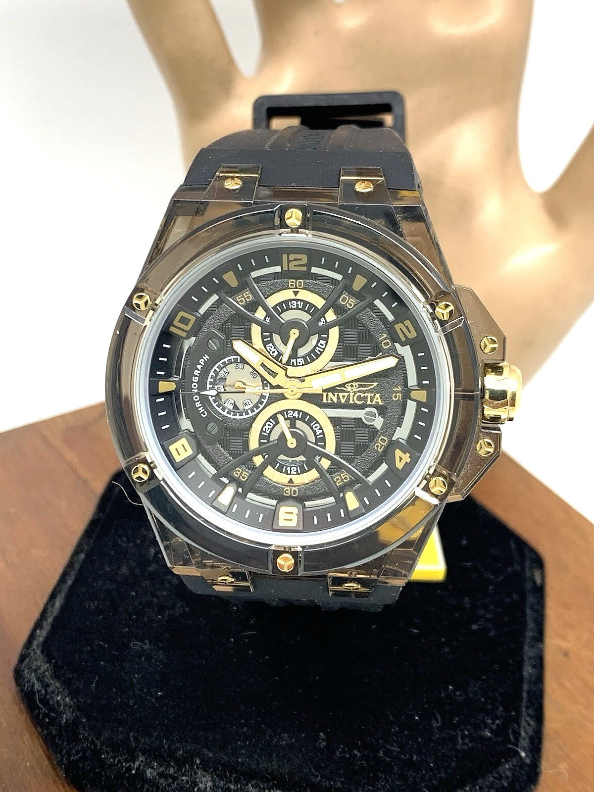 Invicta Men’s Watch 48807 Racing Saphirex Quartz Gold Black Rubber Strap 46mm