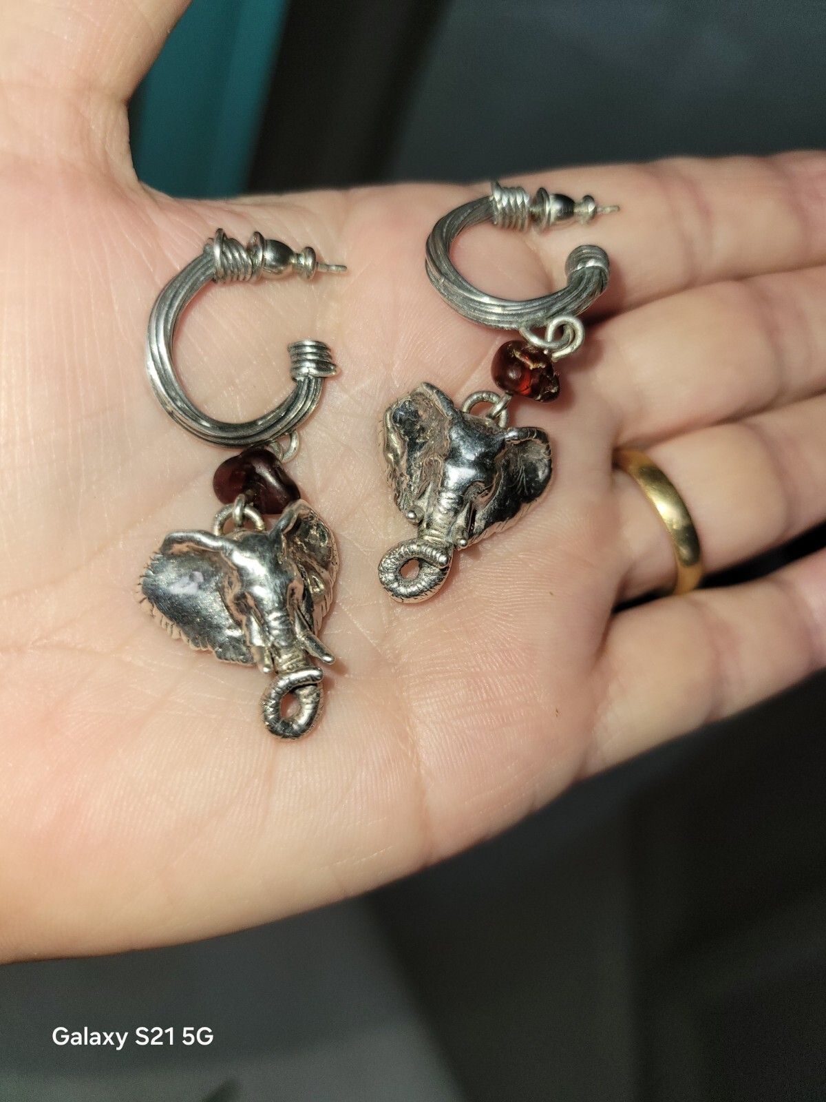 Susan Cummings Elephant Earrings Dangle Sterling Silver & Amber 2″ Long 1990s