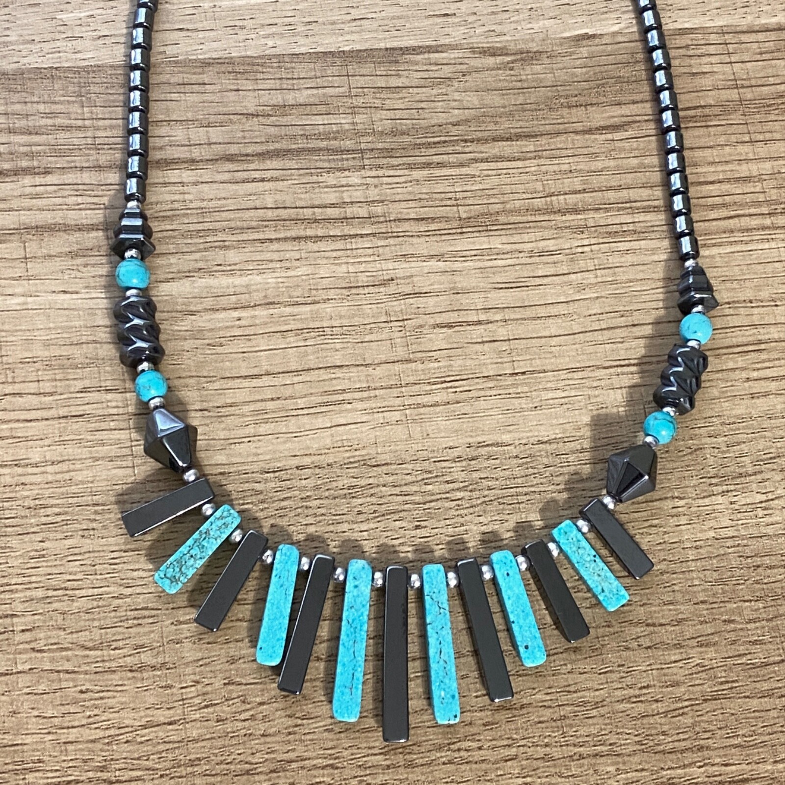Vintage Turquoise Blue Dyed Gemstone Bib Necklace Carved Polished Shiny Fringe