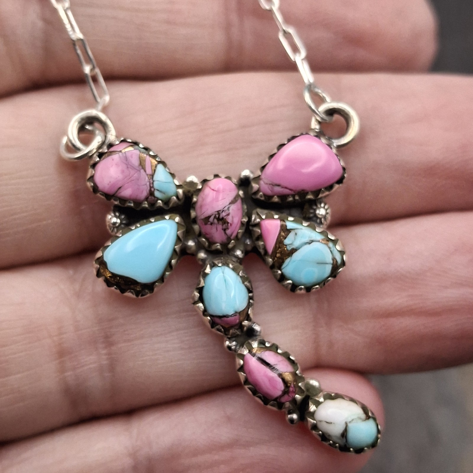 Cotton Candy Turquoise Dragonfly Sterling Silver Necklace 17-19in Southwestern