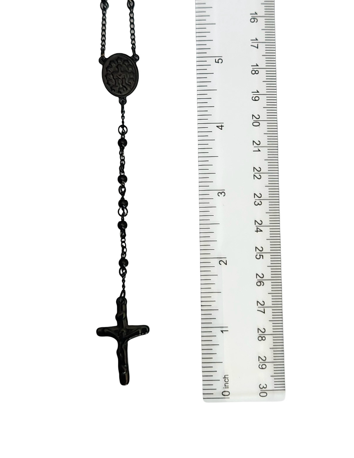 PURE LUX BLACK STAINLESS STEEL ROSARY CROSS NECKLACE – 24″