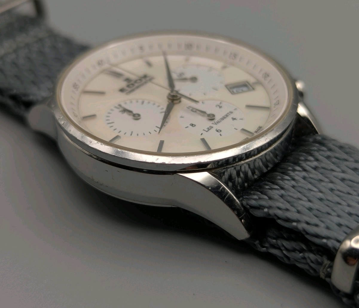 Edox Les Vauberts Quartz Chronograph. Mother Of Pearl Dial. ZuluDiver NATO Strap