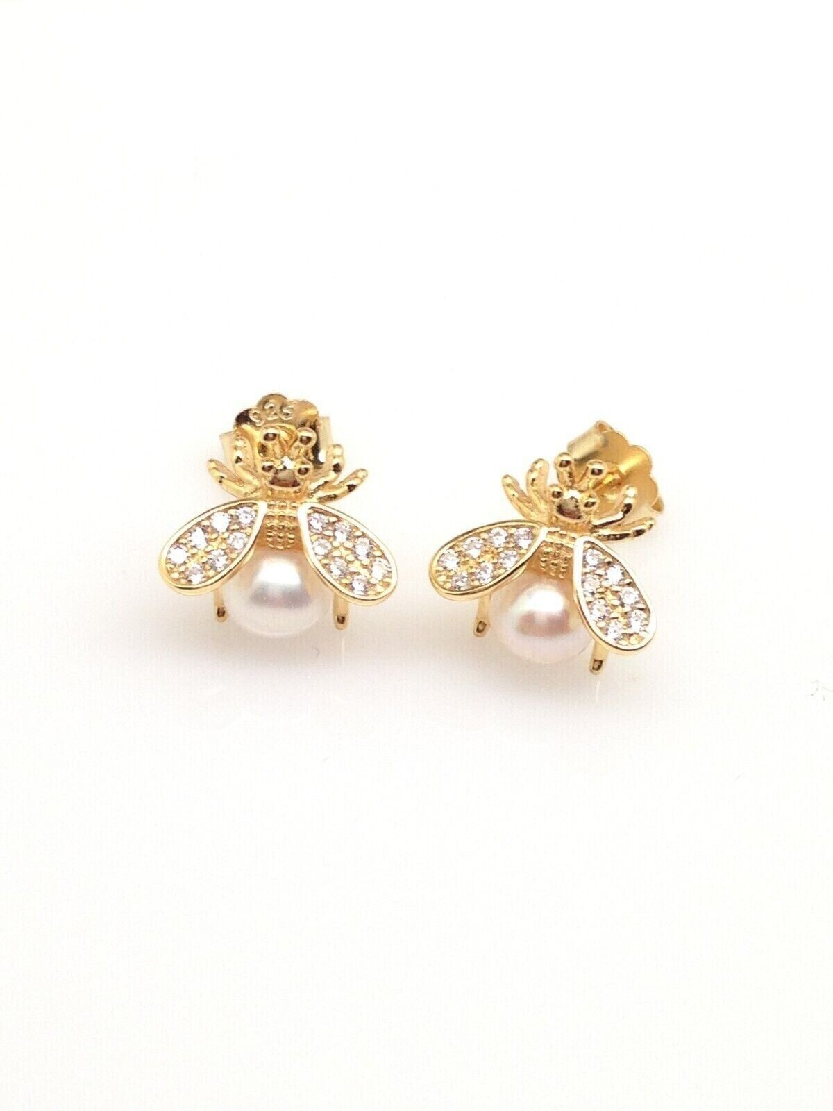 925 Sterling Silver CZ Pearl Bee Stud Earrings Women Girls Gold Studs 11mm