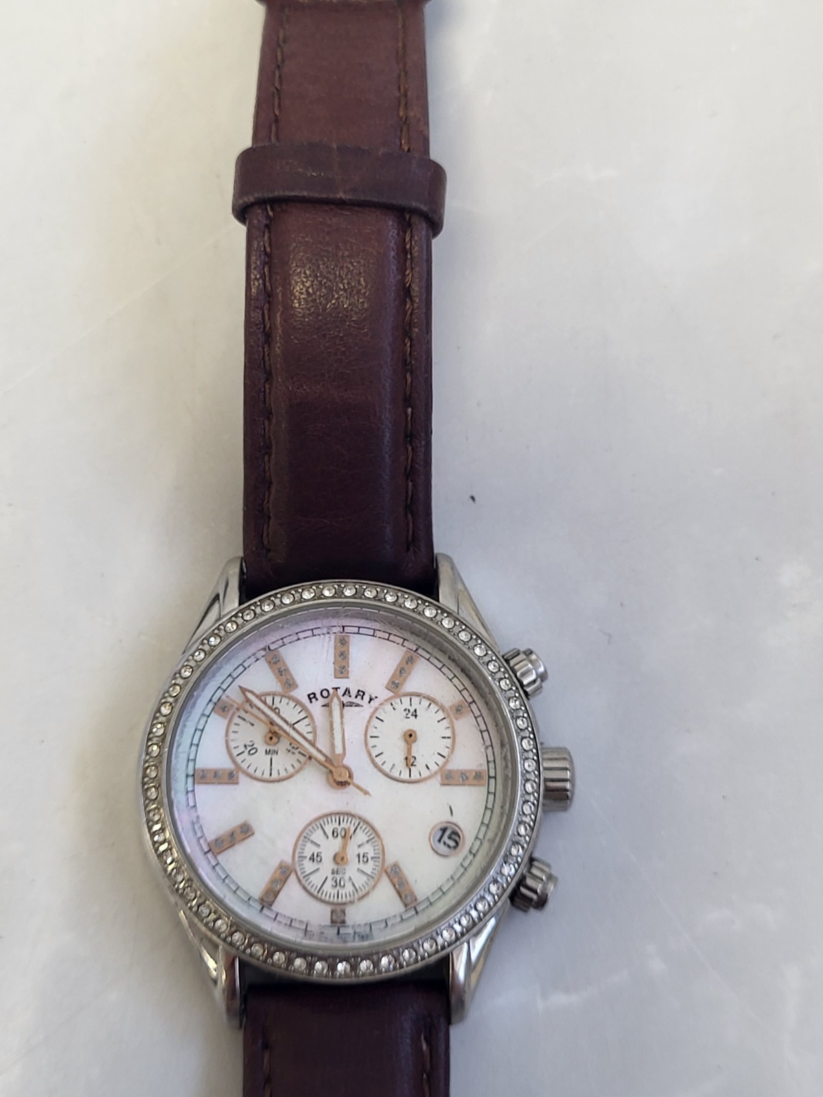 Rotary Chronograph Watch Mother Of Pearl Dial & Leather Strap. PD
