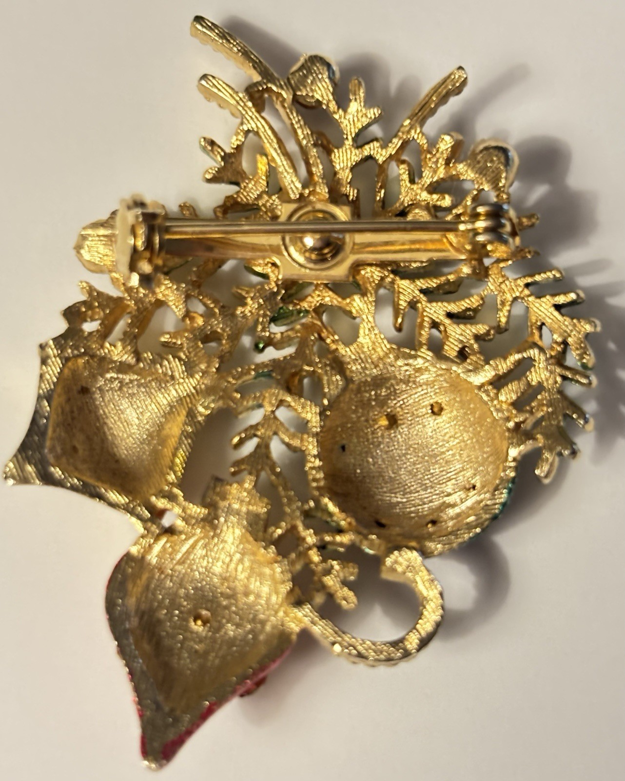 Vintage Christmas Ornament Brooch Rhinestone Enamel Holiday Tree Branch Pin 2”