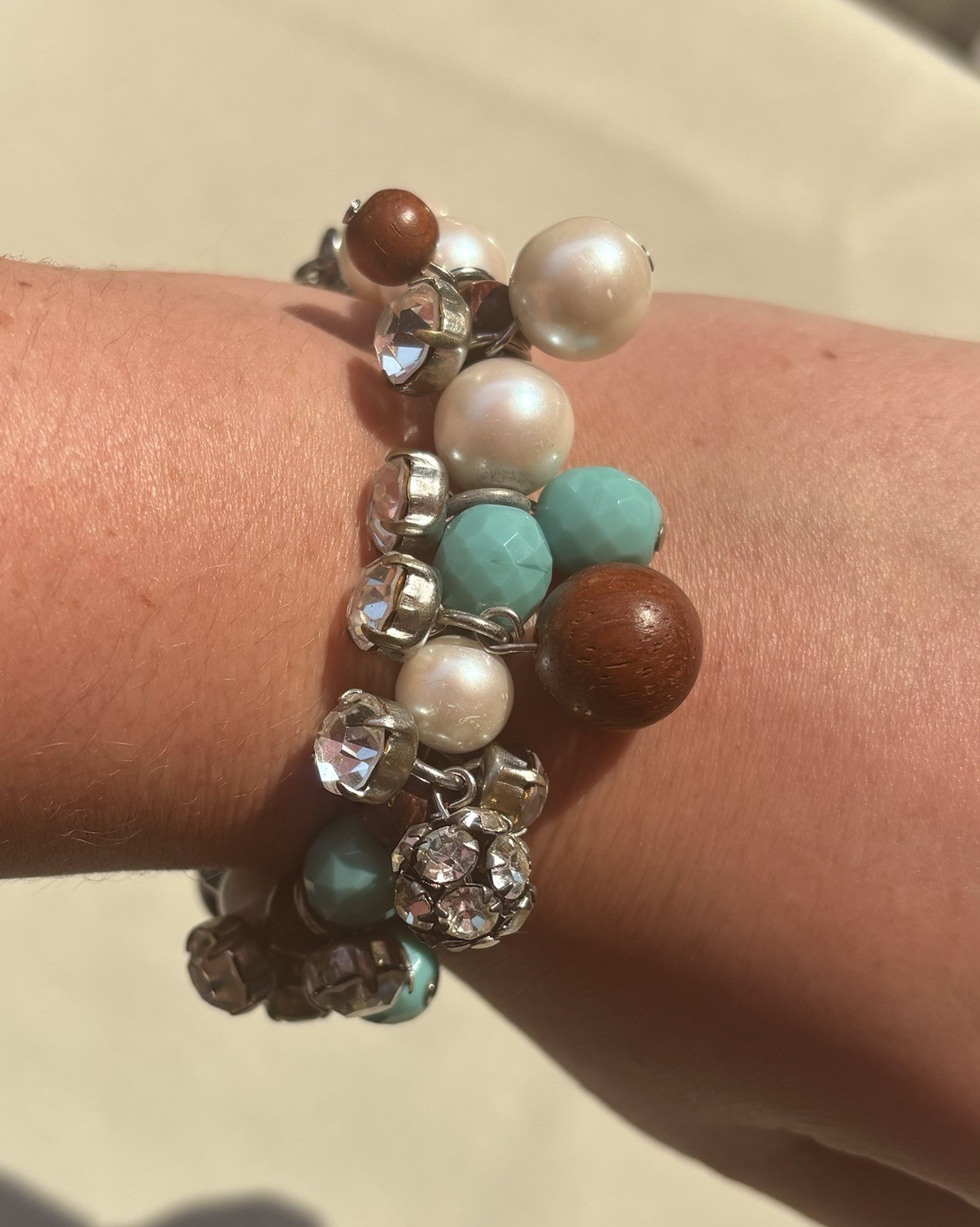 Vintage RADÀ Made in Italy Charm Bracelet Faux Pearl Crystal Wood Turquoise Bead