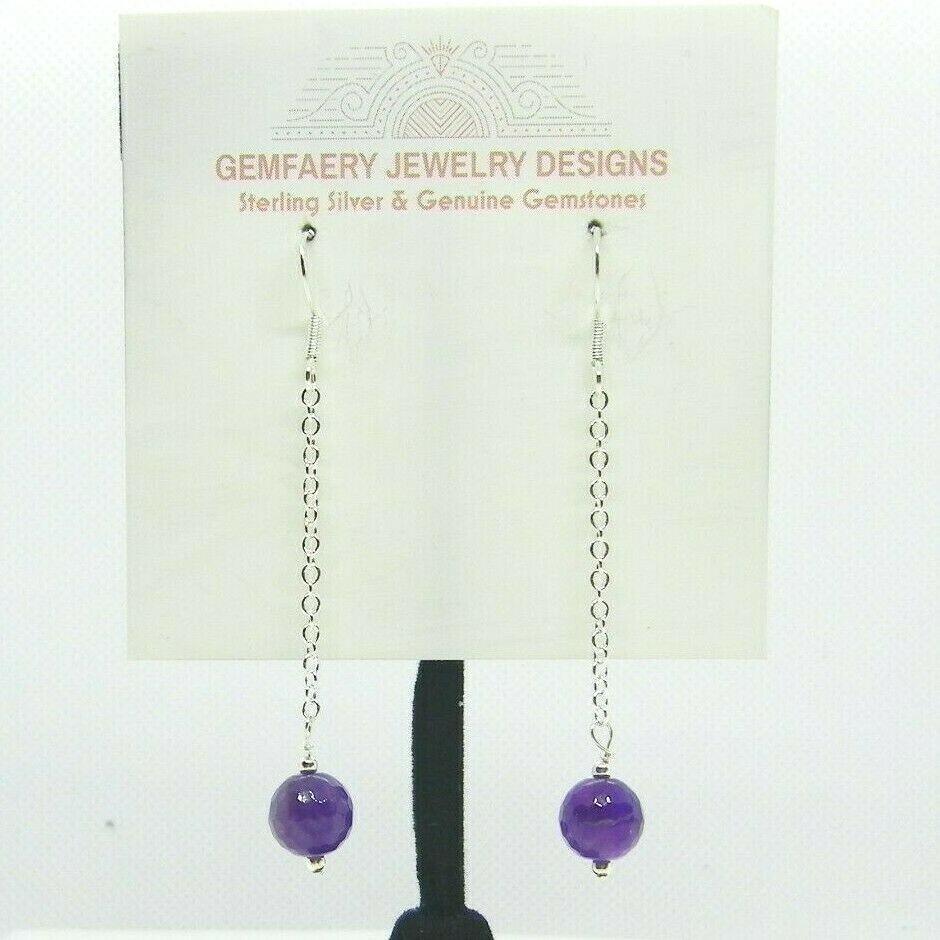 Sterling Silver Natural AMETHYST Long Chain Dangle Earrings #…Handmade USA