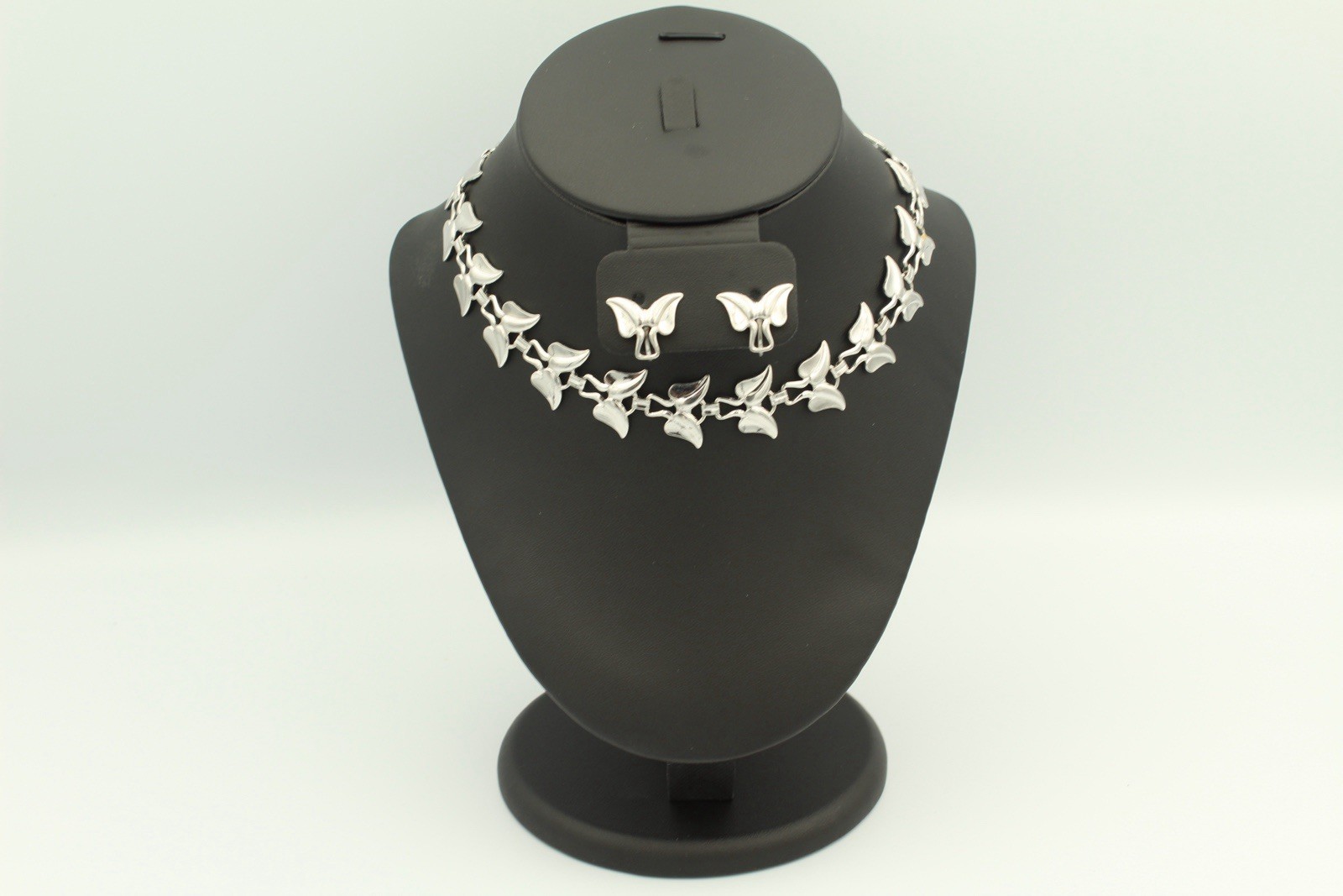 Vintage Sterling Silver Leaf Link Necklace & Matching Earring Set — Mid-Century