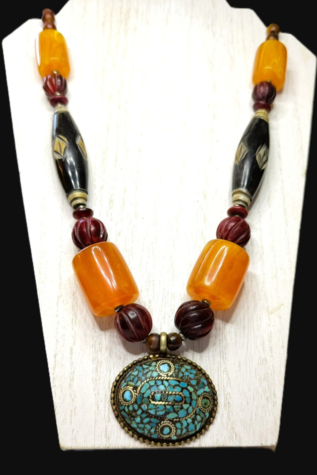 Vintage Tibetan Style Mosaic Pendant Necklace Butterscotch Resin Bone Beads 26″