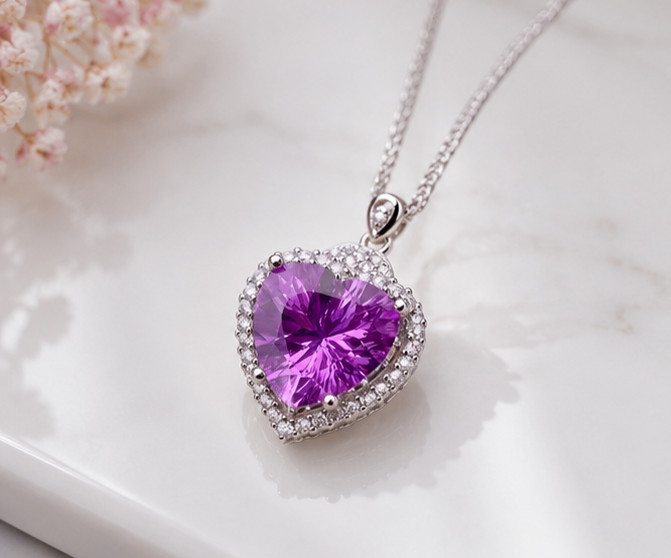 3Ct Heart Cut Simulated Amethyst Stunning Pendant Necklace 14K White Gold Plated