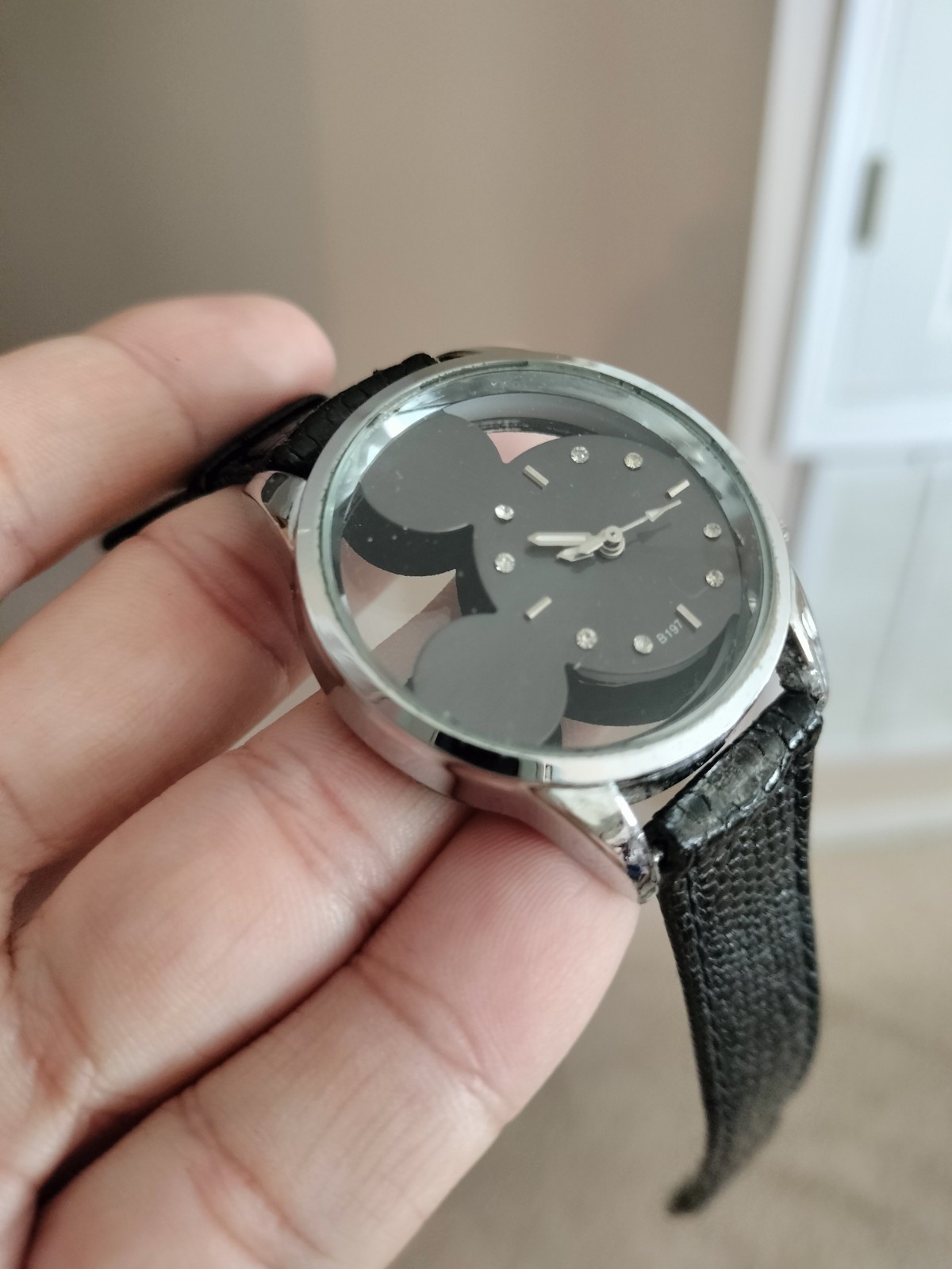 Disne Mickey Mouse Watch Transparent Hollow Dial Leather Watch Black See Through