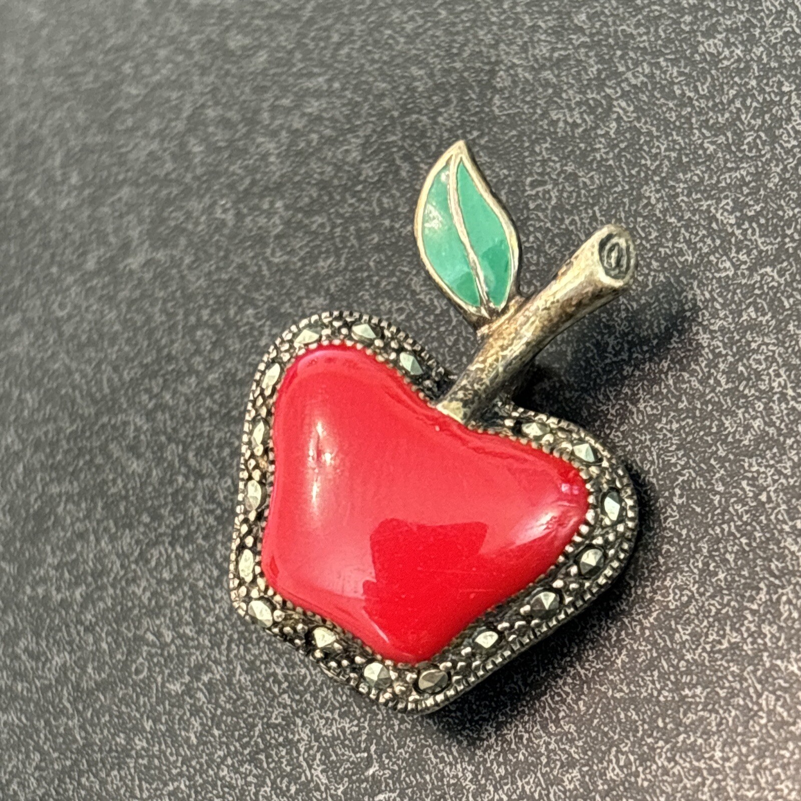 A Designer Signed Vintage Red Apple Enamel Marcasite Brooch Sterling Silver Yu