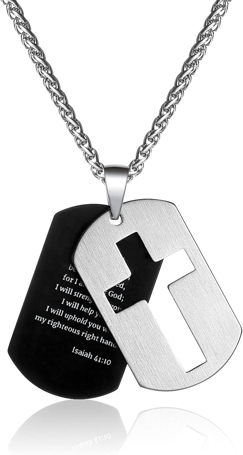Dog Tag Cross Necklace Gifts for Boys Men, Stainless Steel Bible Verse Pendant C
