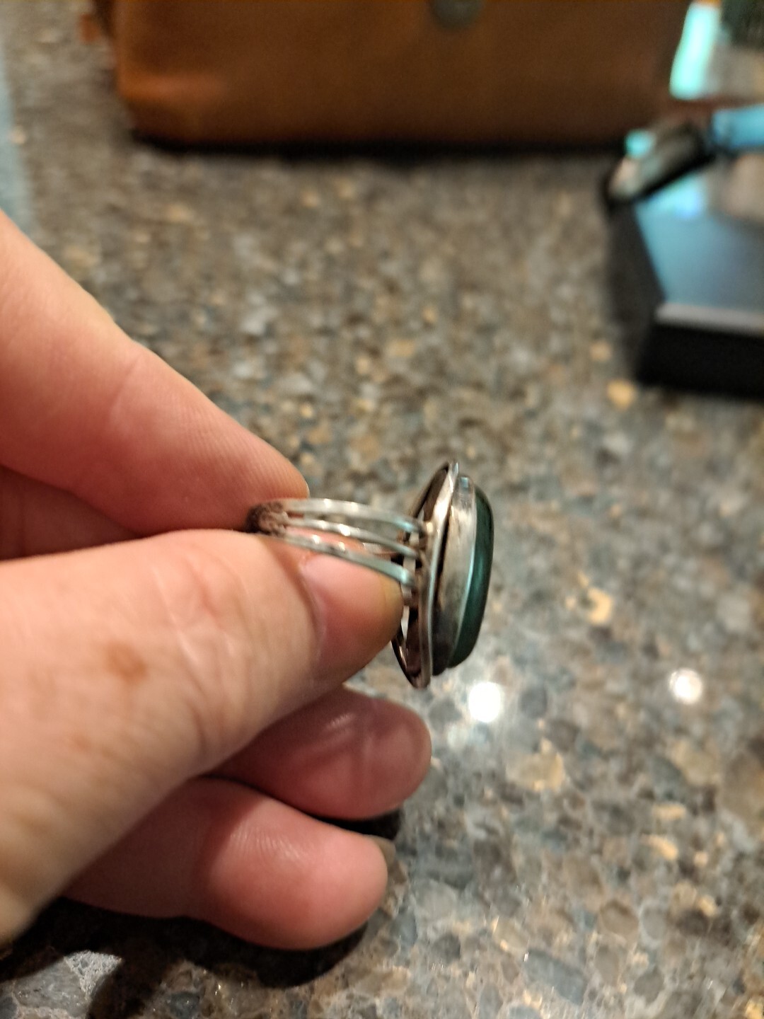 Vintage Sterling Silver 925 Malachite Cabochon Ring Adjustable Size 8 7.69g