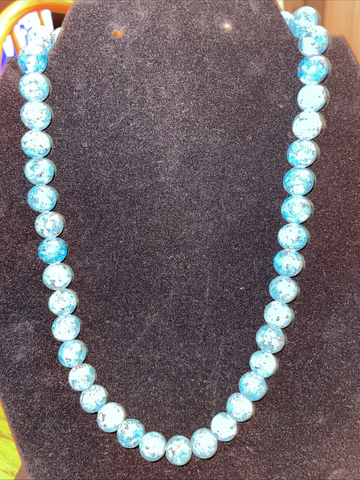 Blue Turquoise Beaded Necklace Round Stones Sky Blue & Black 18”, 925 Clasp