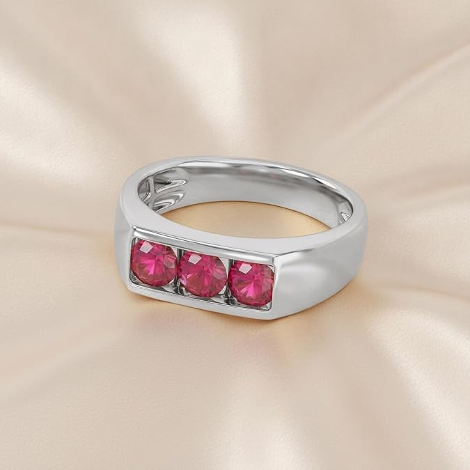 1Ct Mens 3 Stone Band Ring Ruby Lab Grown Gemstone 10k or 14k Gold or 925 Silver