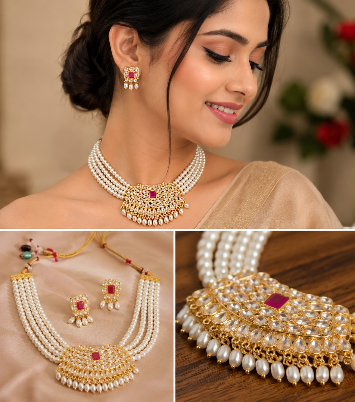 Indian Traditional Multi Layered Pearl Kundan Gold Plated Choker Collar Necklace