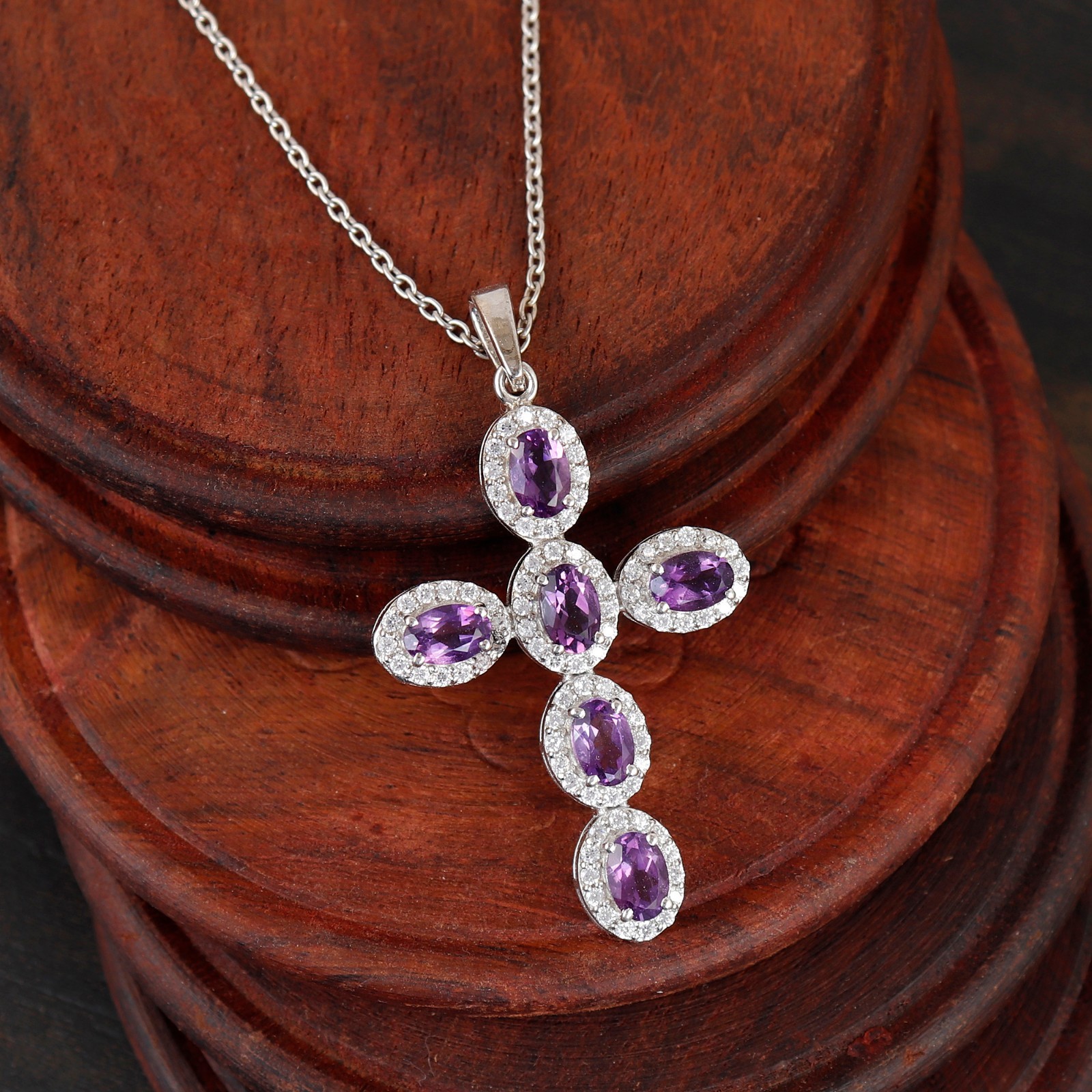 Cross Pendant Sterling Silver Oval Gemstone CZ accents Religious Charm Necklace
