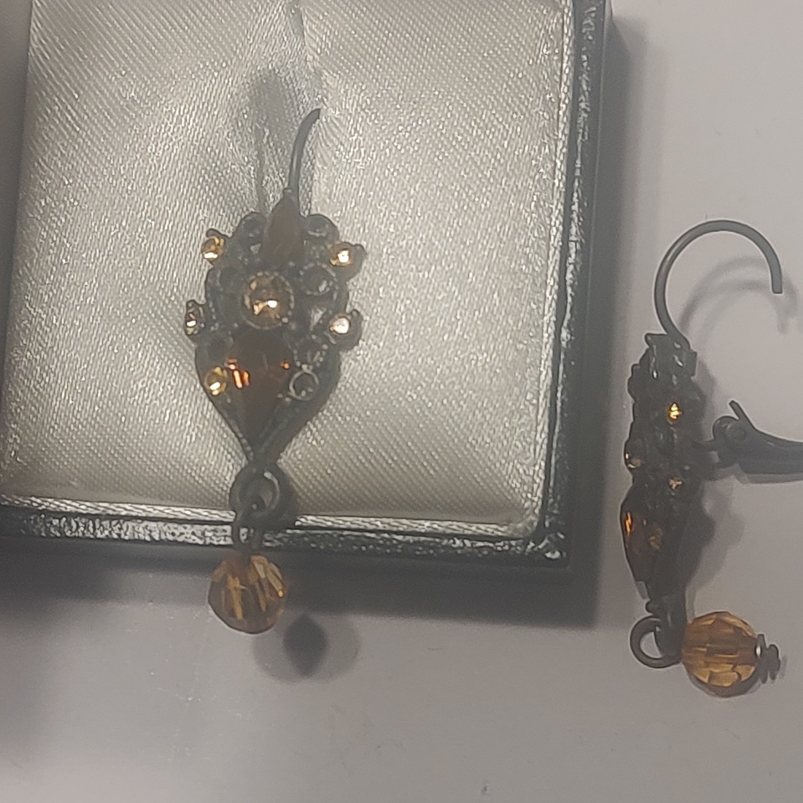 Vintage 90s Silver Tone Amber Crystal Dangle Drop Hook Earrings for Lobe Pair