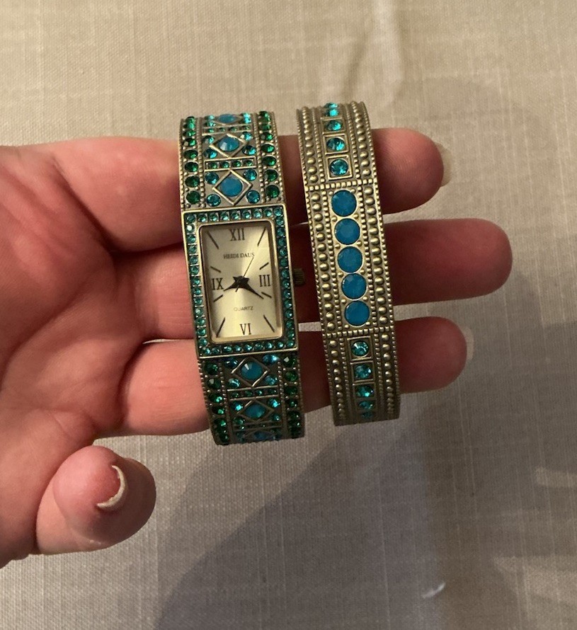 Heidi Daus Double Trouble Bangle Watch Bracelet Set Blue Green Crystals New