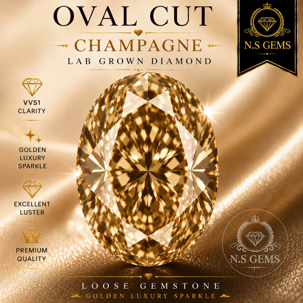 2 Ct Oval Cut Champagne Lab Grown Diamond VVS1 Loose Gemstone Golden Luxury.