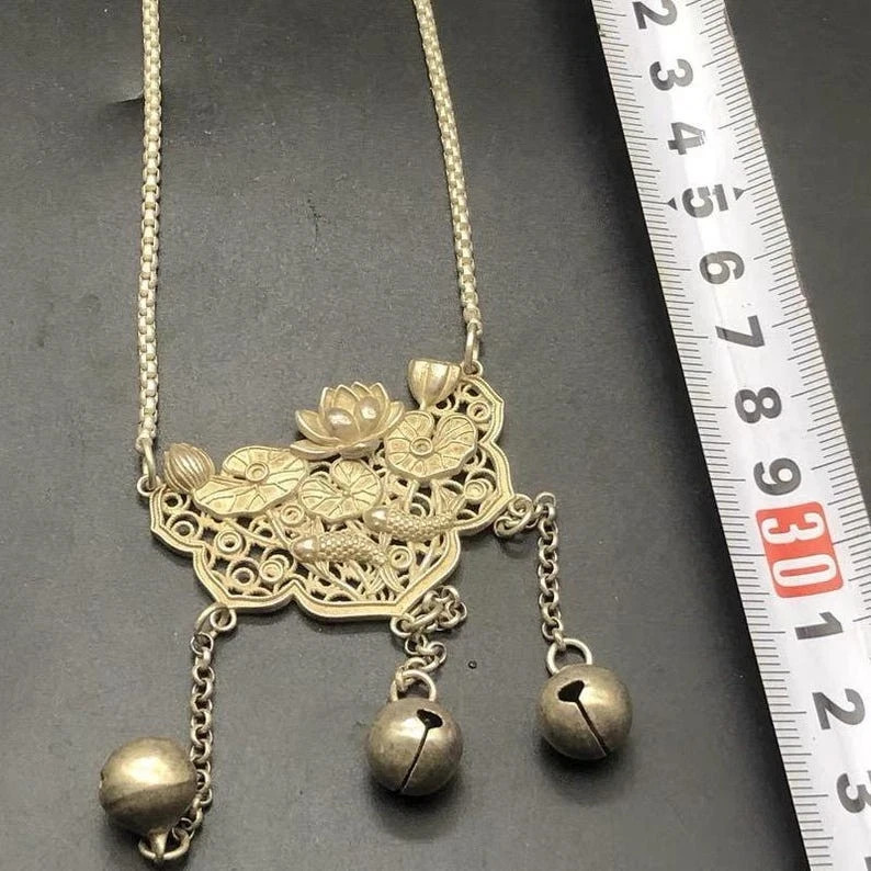 Vintage Lotus Fish Lock Necklace Bell Tassel Ethnic Alloy Long Chain Pendant