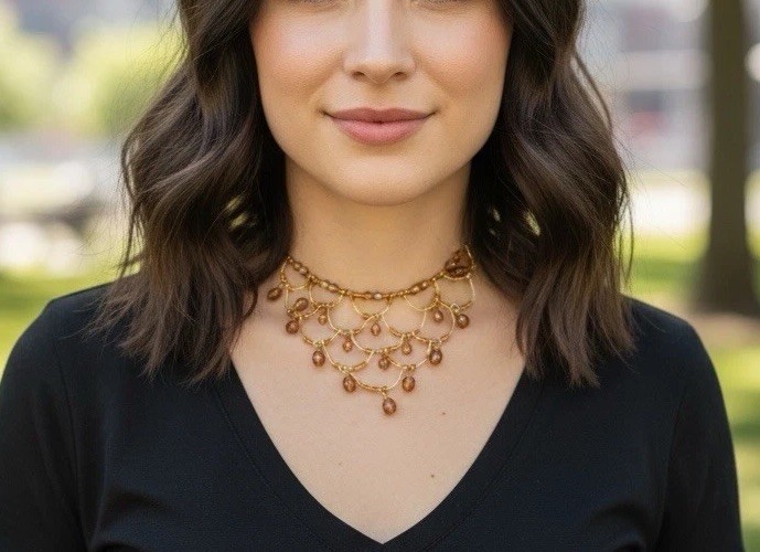 Amber Glass Beaded Bib Necklace Bronze Tone Draped Fringe Statement Choker