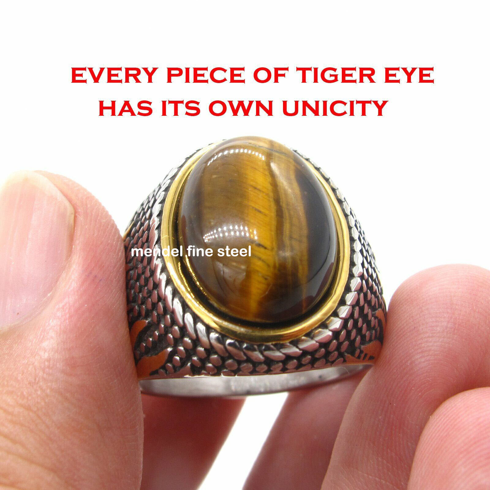 MENDEL Mens Stainless Steel Gold Plated Oval Tiger Eye Stone Ring Size 7 8 9-15