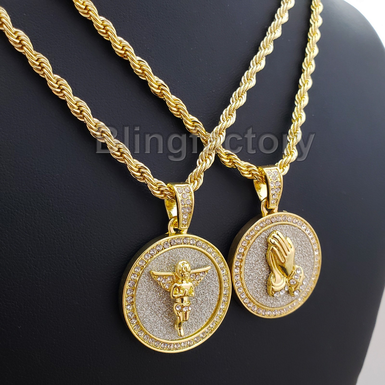 Gold plated Alloy Cubic Zirconia Baby Angel & Praying Hands & 24″ Chain Necklace