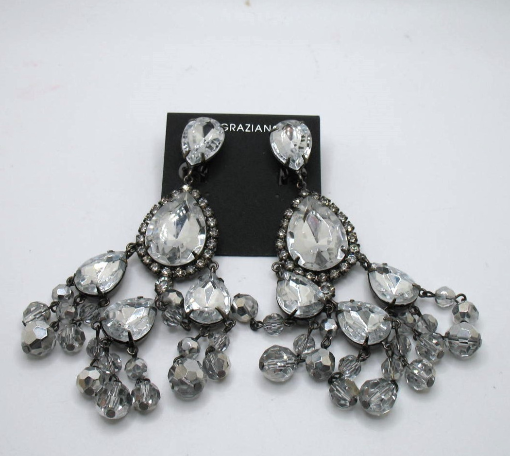 Vintage RJ Graziano clip statement chandelier rhinestone & crystal bead earrings
