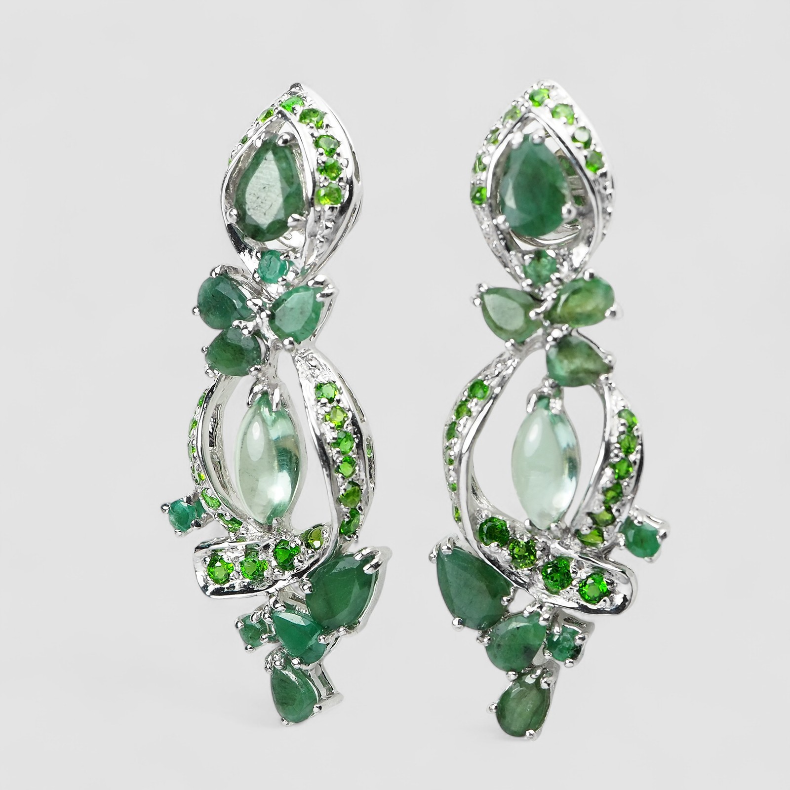Twinkling Green Emerald Set 925 Sterling Silver White Gold Handmade Earrings