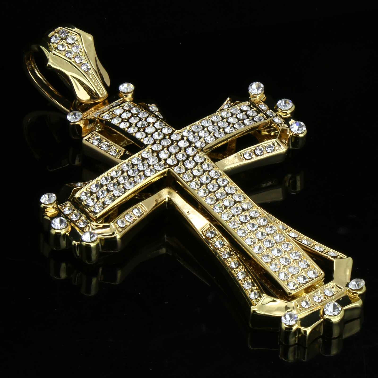 Hip Hop Gold Plated Large HOLLOW CROSS Pendant Cubic-Zirconia 30″ Cuban Chain