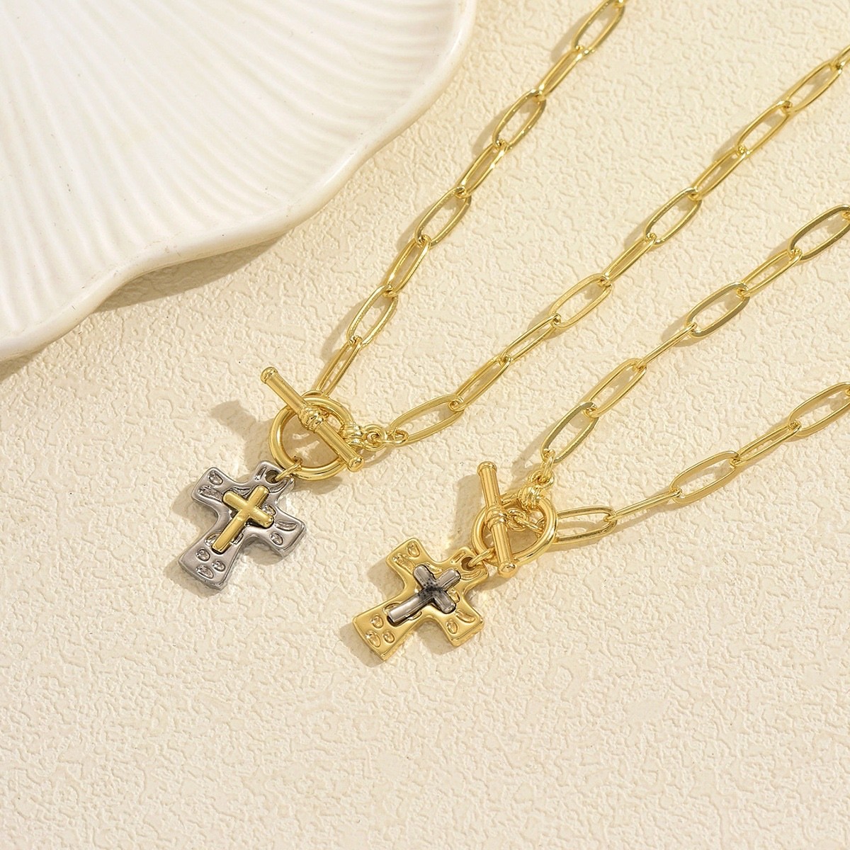 Women’s Paperclip Cross Pendant Necklace Gold & Silver Clavicle Chain Jewelry