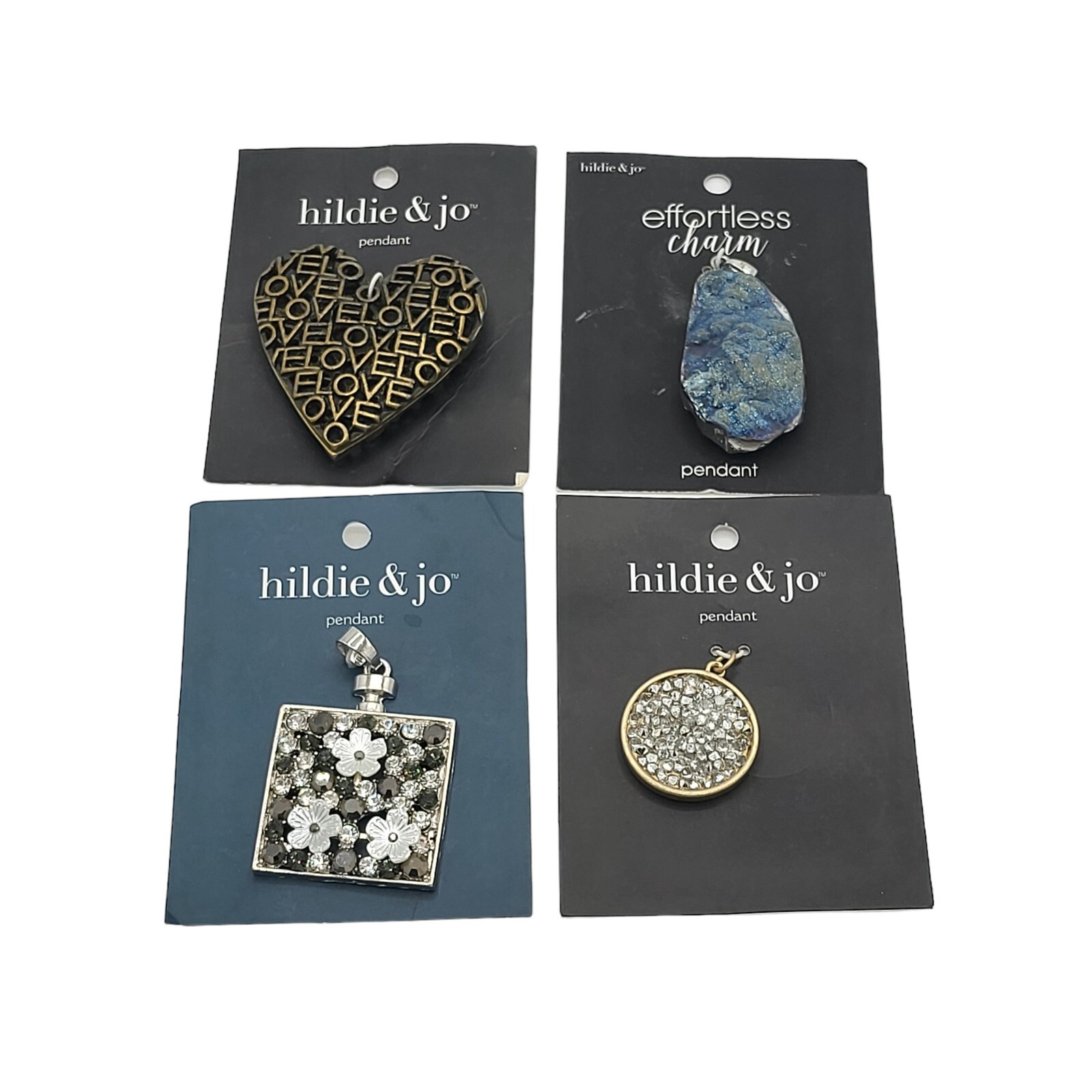 Hildie & Jo Pendants Metal Heart Blue Stone Rhinestones Flowers Set of 4