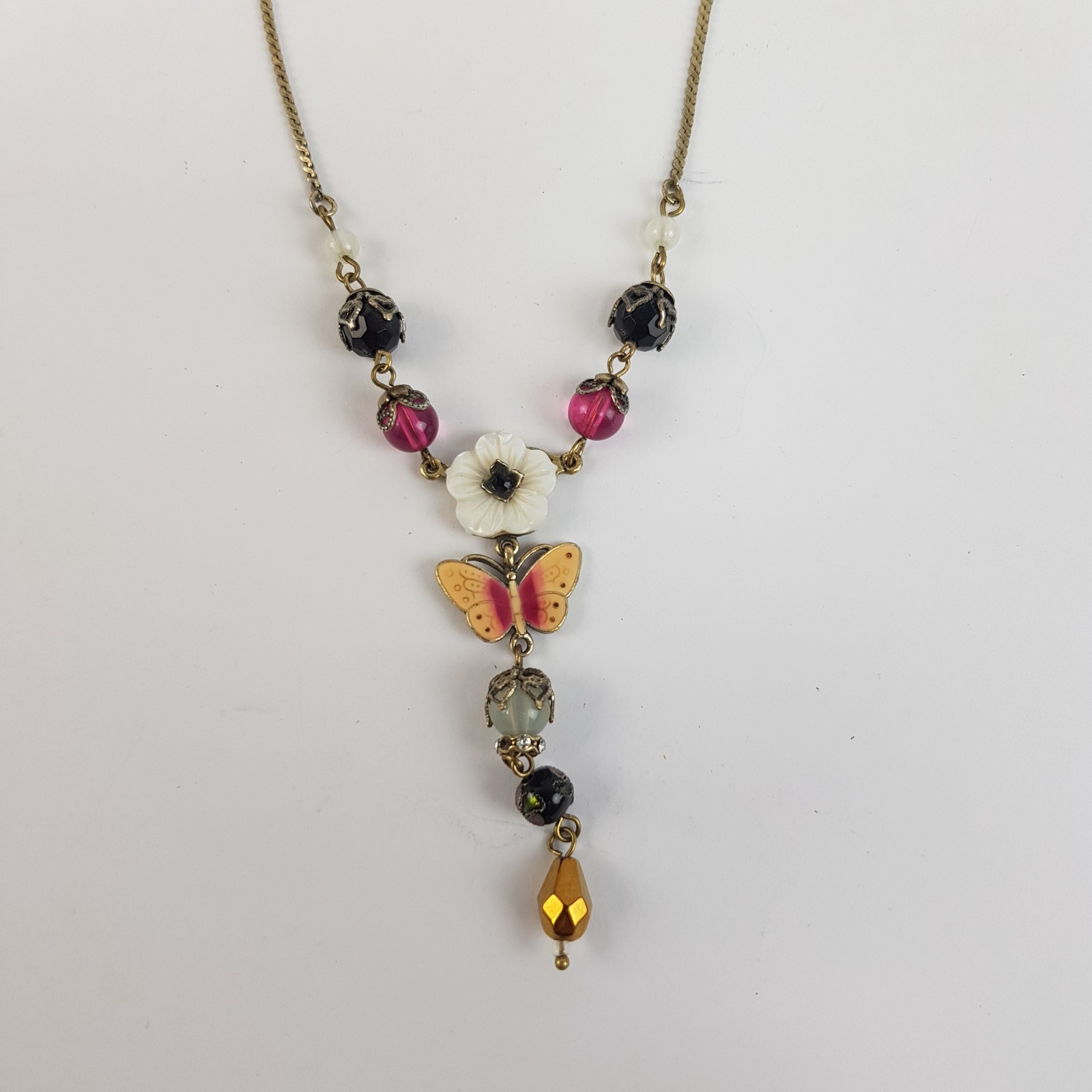 Accessorize Bronze Tone Enamel Butterfly & Shell Flower Design Necklace Unboxed