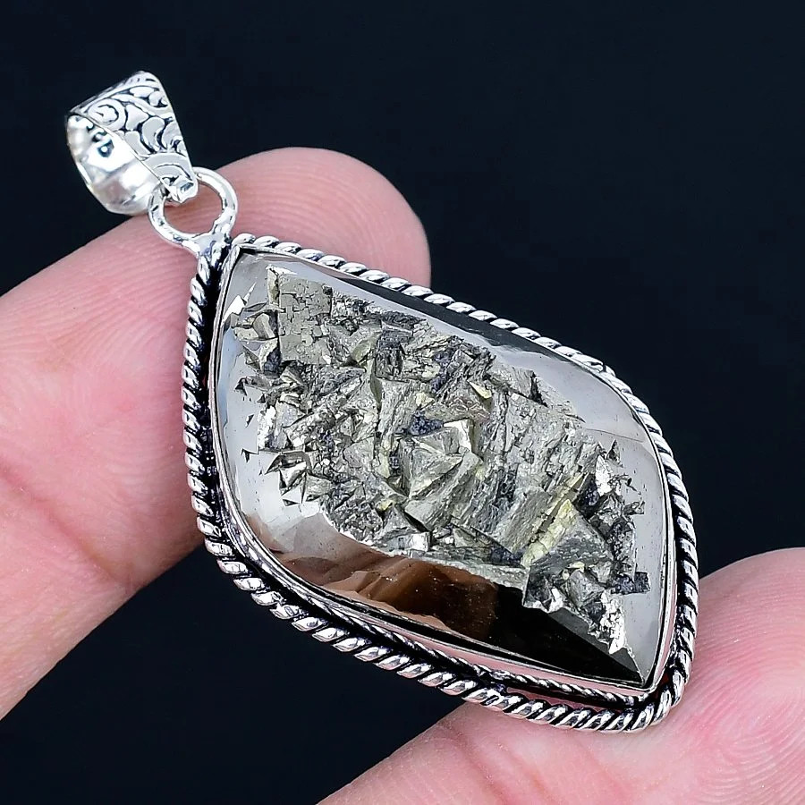 Pyrite Druzy 925 Silver Plated Handmade Pendant of 2.05″