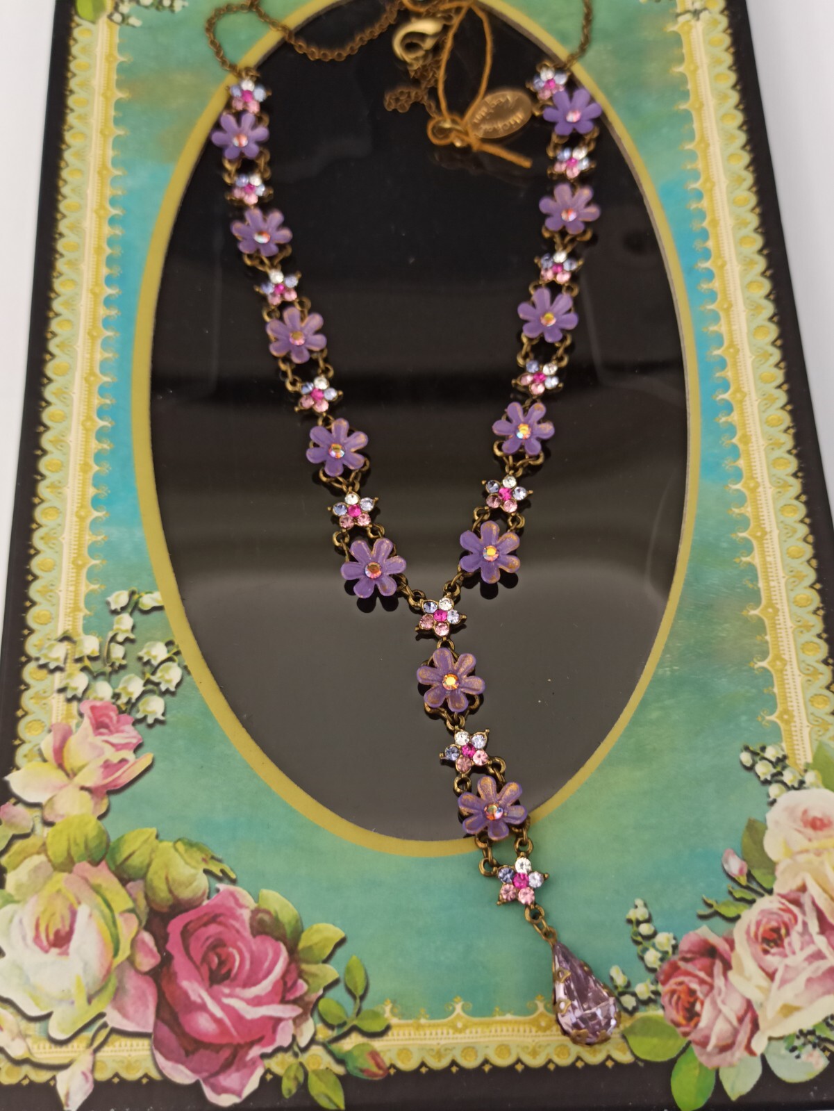 Michal Negrin Necklace Purple Flowers Pink Shades Crystals Cocktail Romantic Box