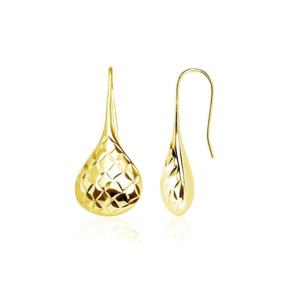 Yellow Gold Flashed Silver Diamond-Cut Pear Shape Lotus Polished Drop Earrings