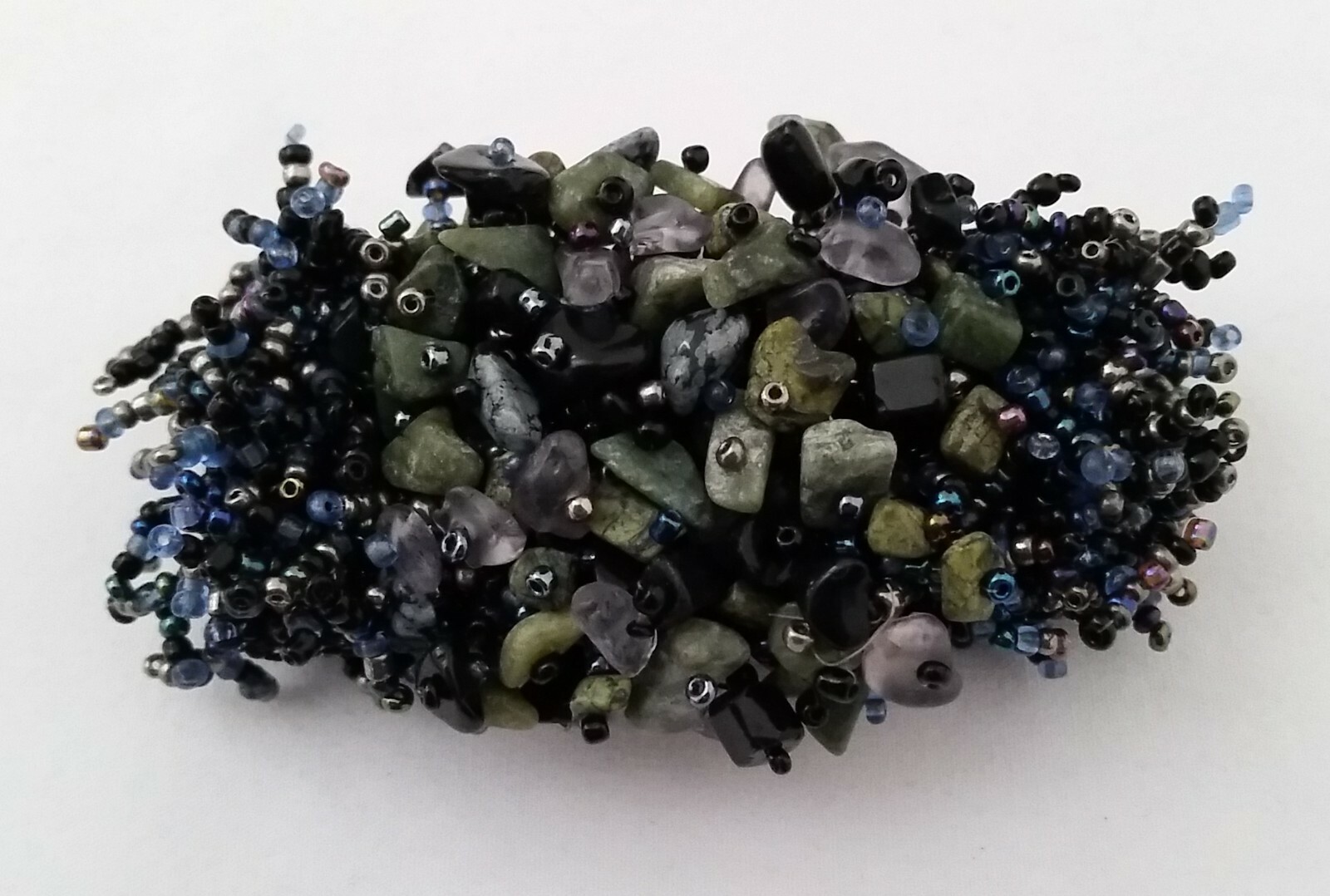Handmade Bracelet GLASS BEADS BLACK IRIDESCENT BLUE PEACOCK GREEN JASPER 6 inch