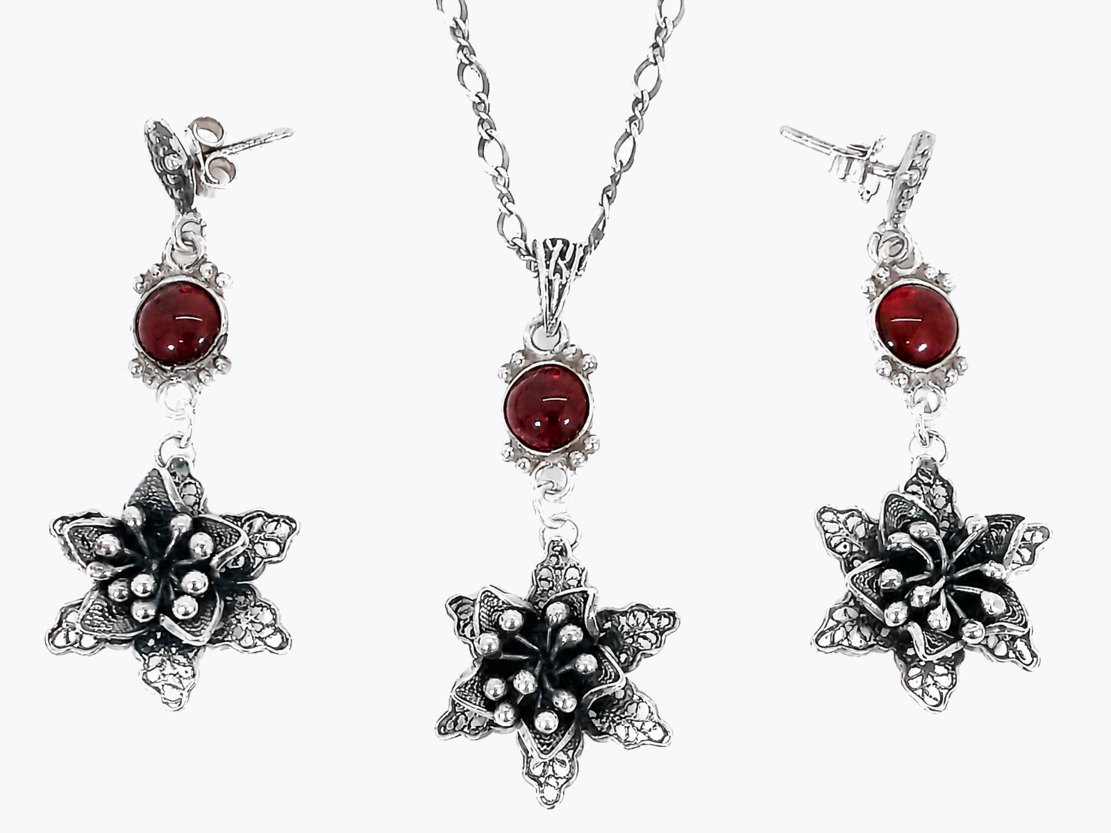 Vintage 925 Sterling Silver Garnet 3D Filigree Floral Necklace & Earrings Set