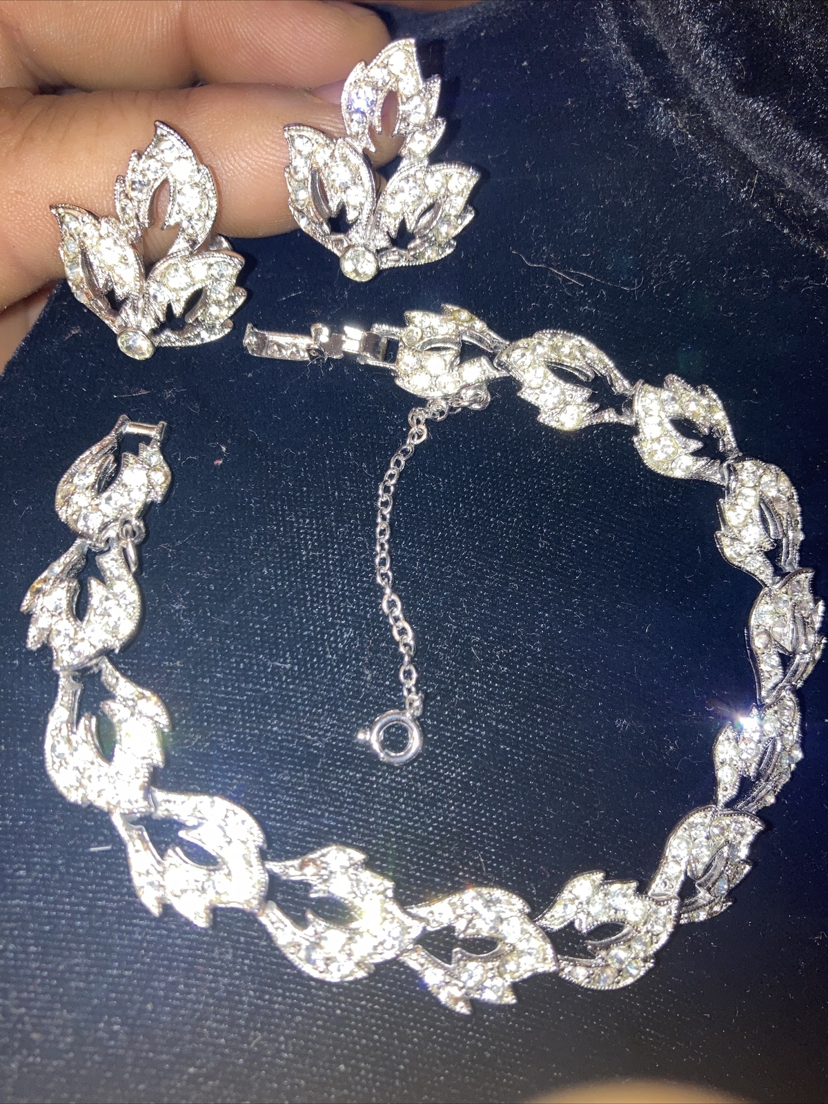 Vintage Ora Rhinestone SilverTone Safety Chain Bracelet 8”+ORA Earrings Set